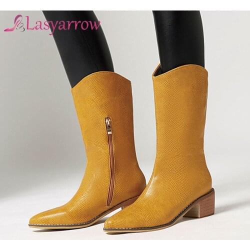 Lasyarrow Concise Mid-Calf Boos For Girls Zipper Pointed Toe Shoes Woman Working Party High Heels Winter Boots For Women Warm