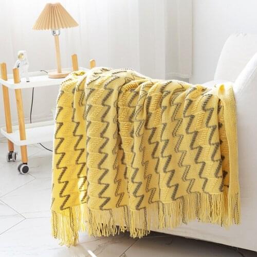 Fashion Tassel Knitted Blanket Wave Pattern Yellow Multi-Function Acrylic Sofa Chair Bed Decor Cover Four Season Home Textile