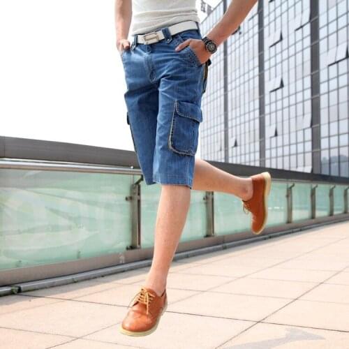 2021 New 6 Pockets Summer Casual Shorts Male straight Loose Blue Mens Denim Casual Shorts Mens Shorts Plus Size Simplicity