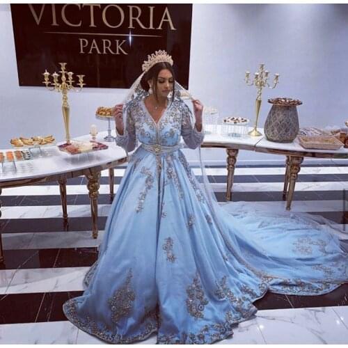 Sky Blue Muslim Evening Dresses A-line V-neck Long Sleeves Beaded Moroccan Kaftan Dubai Saudi Arabia Long Prom Dress Gown