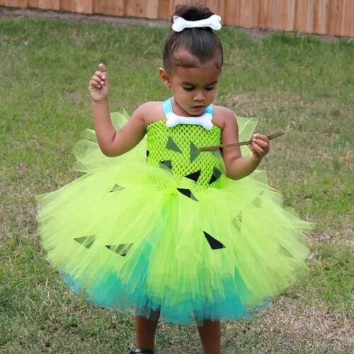 2021 newKids Baby Pretty girl Toddler Girls Light Green Blue Caveman Flinstone Tutu Dress 1-9y Child Halloween Party Clothes Set