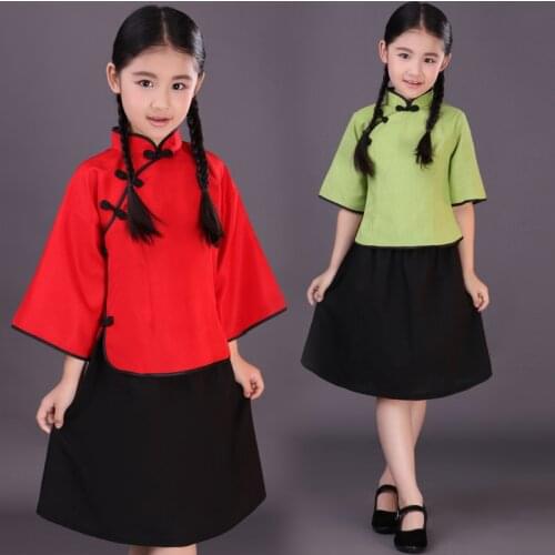New Children Chinese Traditional Suit Blouse + Skirt Chinese School Uniform Group Singing Wear The Republic of China Costume 16