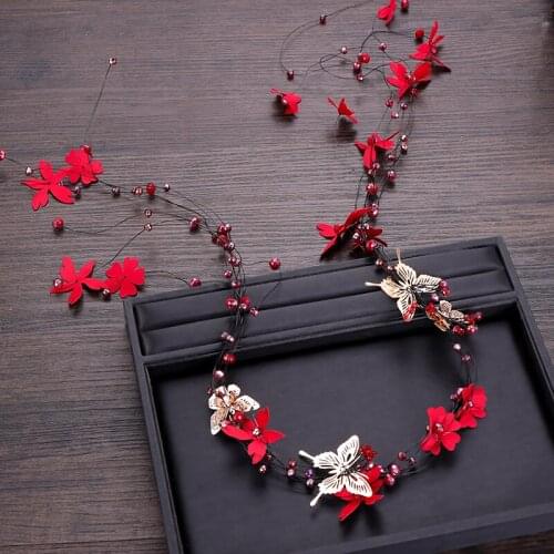 Long Red Flowers Rhinestone Headbands Butterfly Tassel Hairbands Bridal Wedding Hair Accessories For Women New Hair Jewelry