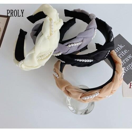 PROLY New Fashion Women Hairband Soft Cross Knot Braid Turban Beaded Pearls Headband Adult Wide Side Headwear Hair Accessories