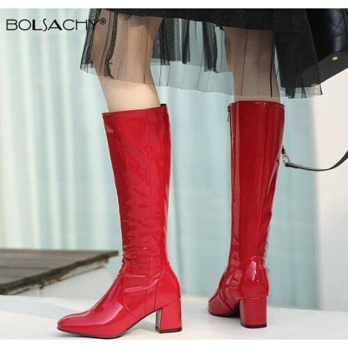 Woman gogo Boots Square Heel Knee-High Classic Square Toe Boots Patent leather Zip Boots Fetish Party Dress Dance Shoes Winter