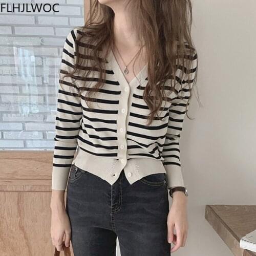 Striped Autumn Winter Sweater Women Sweet Girls Japan Style Retro Vintage Single Breasted Button Knitted Short Cardigans Coats