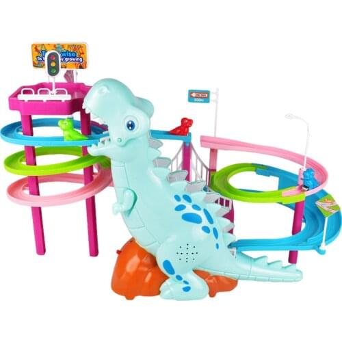Dinosaur Track Park DSlide Railcar Track Toy Cartoon Dinosaur Track Set Dinosaur Climb Stairs Music Light Kids Educational Toys