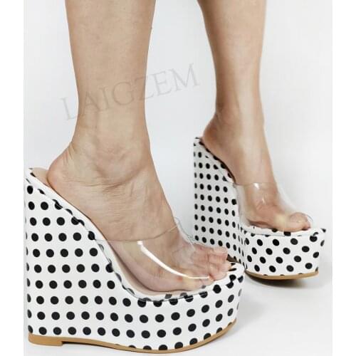 LAIGZEM Women Heels Platform Wedge Pumps Slip On Slides Height Increase Sandals Polka Dots Shoes Woman Zapatos Size 45 46 48 52