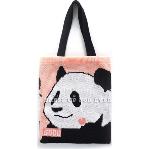 Female Bag Wool Knitting Large Capacity Tote Cotton Pnk Panda Cloth Bags Women Shoulder Bag Cute Student Shopper Handbag