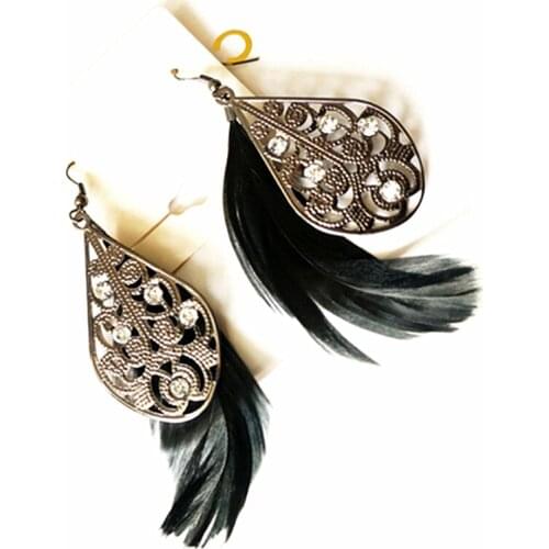 Women Special store 2016 Baroque hollow black full diamante feather Drop pendant hanging earring brincos female turkey earing