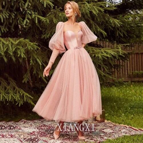 BeryLove rose robe de bal 2020 thé longueur Dot Tulle a-ligne belle robe de soirée dernières manches Satin corsage robes élégant