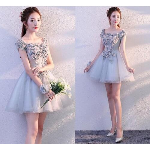 Robe de soriee 2020 Embroidery Gray/Blue Short Cocktail Dresses Square Neck Flowers Club Party Gown vestidos de coctel