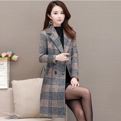 Womens woolen coat womens medium long slim boutique thickened Korean version 2019 autumn winter new plaid coat