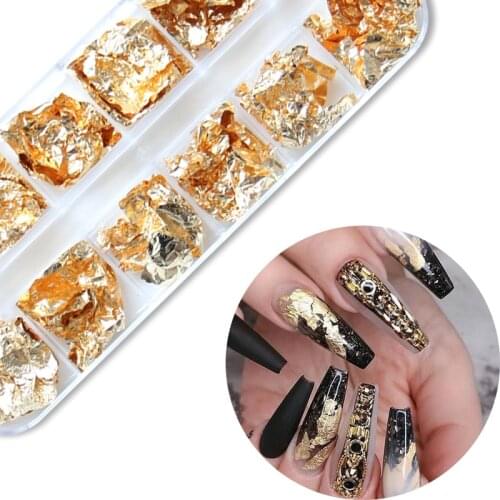 12 Grids Gold Foils Gorgeous Nail Glitter Aluminum Flakes Paillette Nails Design Shinny DIY Foil Paper Nail Art Decorations