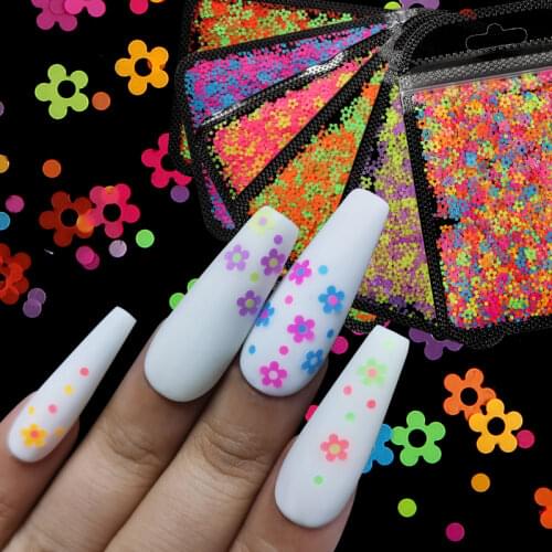 6Bag Fluorescent Plum Flower Sequins Nail Art Accessories Colourful Gel Polish Paillettes Manicure Decoration Summer Nail Design