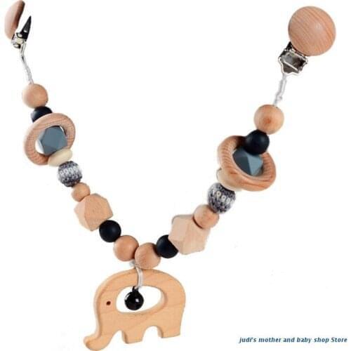67JC Baby Teether Stroller Pendant Pacifier Chain Rattle Pram Clip Crochet Beads Wooden Animal Pendant Infants Nursing Teething