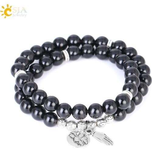 CSJA Black Obsidian Beads Bracelet Natural Stone Double Layer Buddha Hand Lotus 8mm Men Women Bangle Buddhism Lucky Jewelry F311