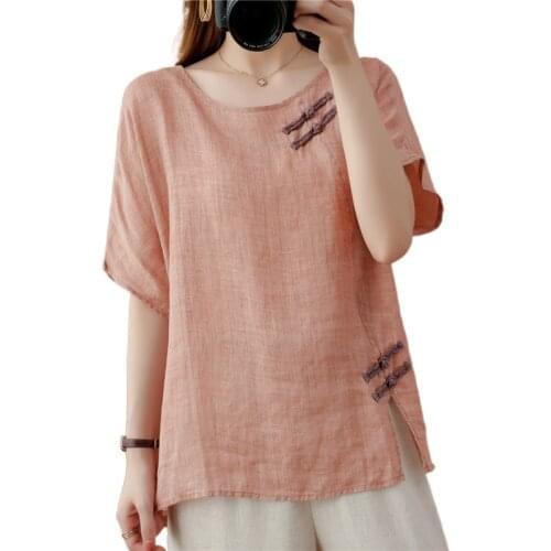 Chinese Women Blouse Traditional Vintage Oblique Shirt Zen Summer Cotton Oriental Woman Tops Mandarin Collar Cheongsam V2109