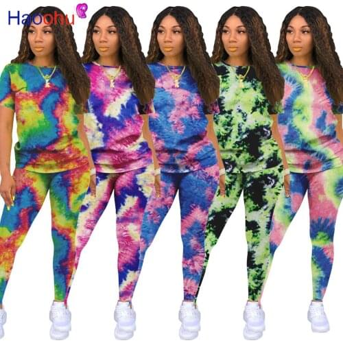 HAOOHU Tie-Dye Two Piece Set Women Summer Casual Sportswear 2 Piece Outfit Women Sweat Suit Short Sleeve Top and Skinny Pants