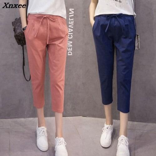 Summer womens casual harem pants plus size loose cotton linen trousers elastic waist calf-length pants Xnxee