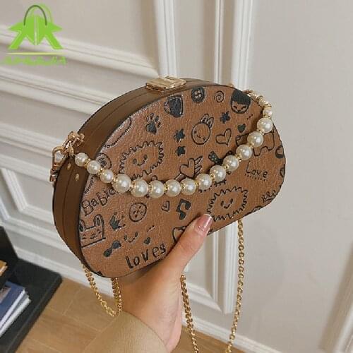 Fashion Cartoons Printing Shoulder Bag For Women High Quality PU Leather Messenger Bag New Luxury Pearls Chain Female Handbags