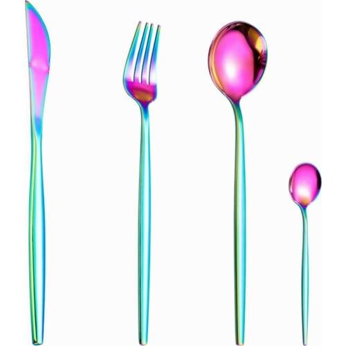 Stainless Steel Cutlery Set Mirror Rainbow Dessert Fork Spoon Knife Silverware Set Tableware Steel Chopstick Complete Dinner Set