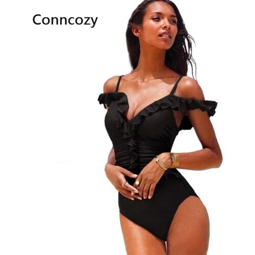 2021 New Sexy Ruffle One Piece Swimsuit Off The Shoulder Swimwear Women Solid Deep-V Beachwear Bathing Suit Monkini Swim Suit