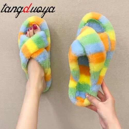 2021 New Women Fur Slippers Winter Slides Fluffy Furry Sandals Woman Flip Flops Home Slippers Hot Ladies Plush Shoes