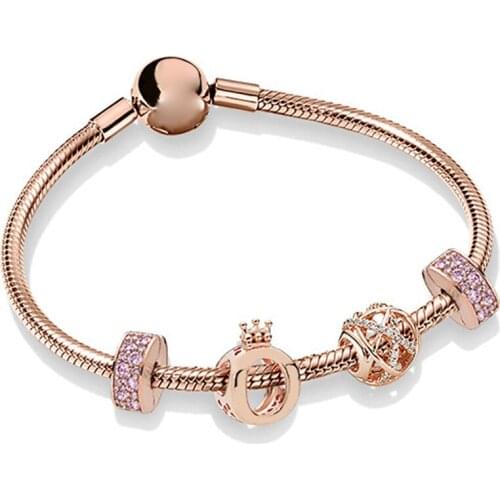 NEW 100% 925 Sterling Silver Rose Gold Flashing Hollow Elegant Charm Crown Beaded Women Bracelet Set Original Jewelry ZT0246