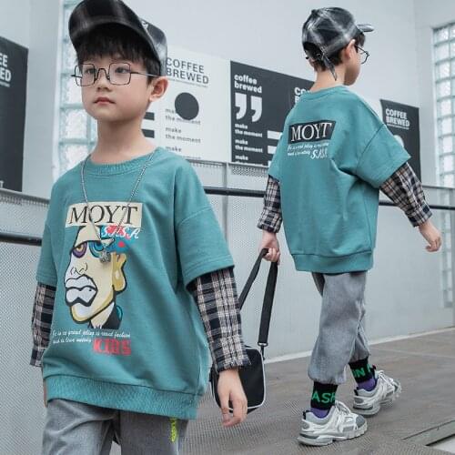 Autumn Baby Boys Clothing Cartoon Head print stitching plaid sleeve cotton Jumpers Letter Sweatshirt Hip hop Kids Children Coats