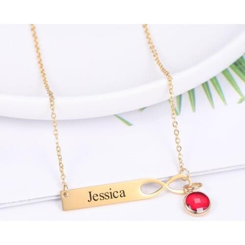 Personalized Bar Birthstone Engraving Necklace Custom Nameplate Infinite Loop Stainless Steel Pendant Women Jewelry Couple Gift