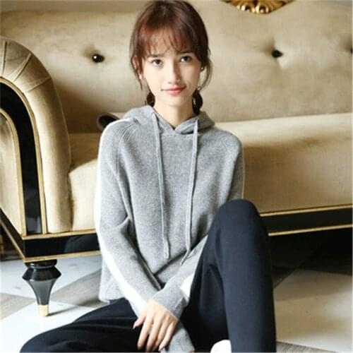 Pure cashmere thick knit women fashion hooded loose pullover sweater patchwork sleeve solid color S-XL