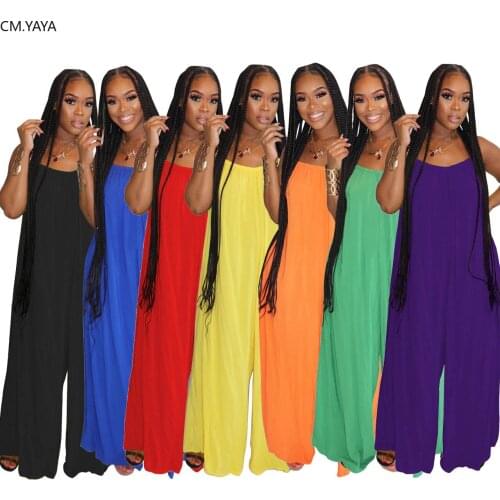 CM.YAYA Solid Women Straight Loose Spaghetti Strap Overalls Fitness Rompers Night Club Party Jumpsuits One Piece Outfit