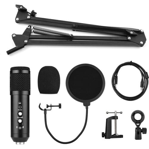 Studio Recording USB Condenser Microphone Mic Kit with Adjustable Suspension Scissor Arm Stand Pop Filter Windscreen USB Cable
