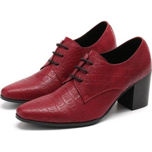 Handmade Red Wine Mens High Heels Crocodile Shoes Genuine Leather Oxford For Men Luxury Dress Wedding Shoes Business Brogues