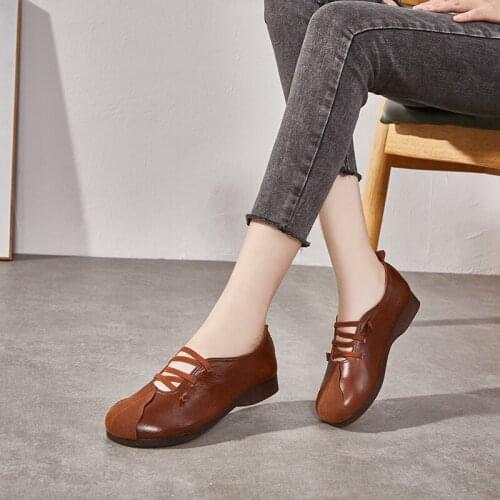 Handwork Women Flats Shoes Genuine Leather Women Shoes Non-slip Comfort Women Flats Vintage Casual Leather Shoes
