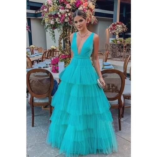 Tulle Tiered Prom Dresses Deep V Neck Sleeveless Formal Evening Party Ball Gowns vestidos de gala