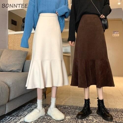 Skirts Women Thickening Trumpet Solid Mid-calf High Waist Buttocks Elegant Daily Leisure Trendy Korean Style All-match Soft Fit