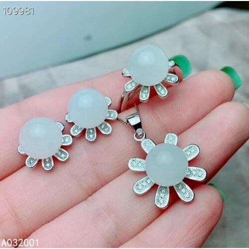 KJJEAXCMY fine jewelry natural white jade 925 sterling silver women pendant necklace ring earrings set support test fashion