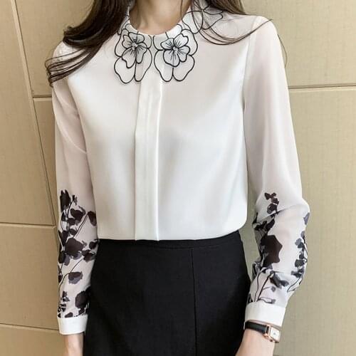 Women Blouses Long Sleeve Chiffon Shirt Top 2021 Spring Lace Printed Solid Color Tops Plus Size Clothing for Women