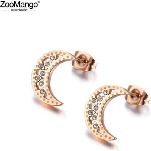 ZooMango Trendy Neo-Gothic Moon Inlay CZ Crystal Stainless Steel Stud Earrings For Women Rose Gold Ear Jewelry ZE19174