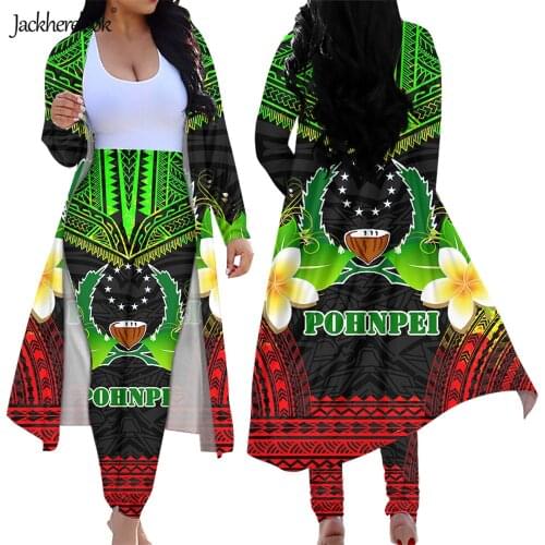 Jackherelook Women 2 Piece Club Outfits Pohnpei Polynesain Samoa Tribal Print Long Sleeve Floral Open Front Cardigan Pants Set