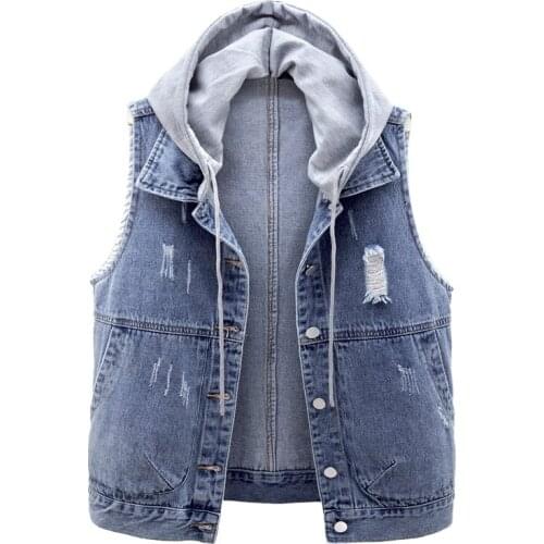 Plus size Short Denim Vest Women Detachable Hooded Coat 2021 Spring Summer Side Pockets Hole Sleeveless Jeans Jacket Female Tops