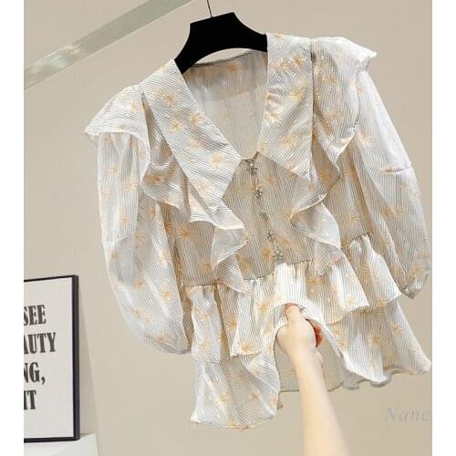 Irregular Sweet Ruffled Stitching Vintage Bubble Half Sleeve Floral Thin Transparent Pullover Shirt for Women Fashion Blouses