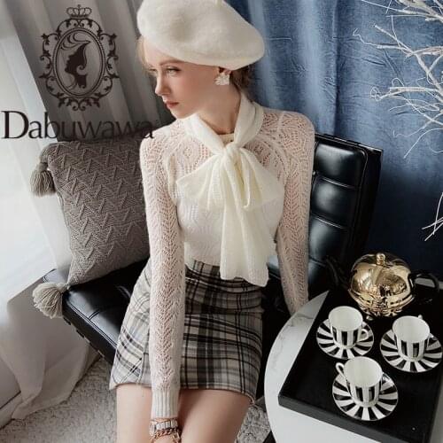 Dabuwawa Sweet Hollow Out Bow Neck Pullover Sweater Women Long Sleeve Autumn Sexy Solid Basic Knit Sweater Female DT1CJS002