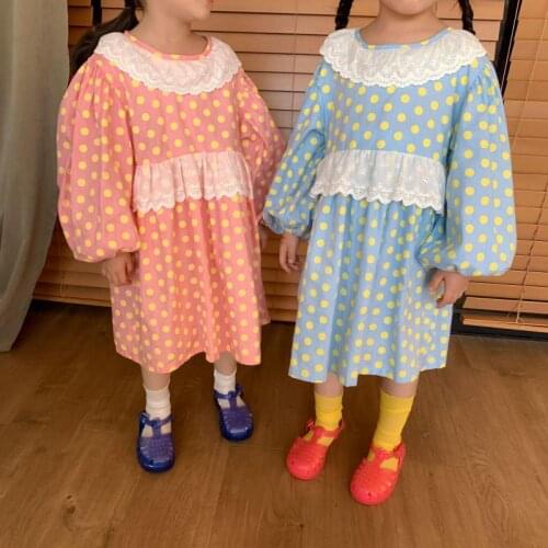 2021 Spring New Arrival Princess Dresslace Collar Children Clothes Girls Long Sleeve Dot Print Dress Kids Cotton kids clothes