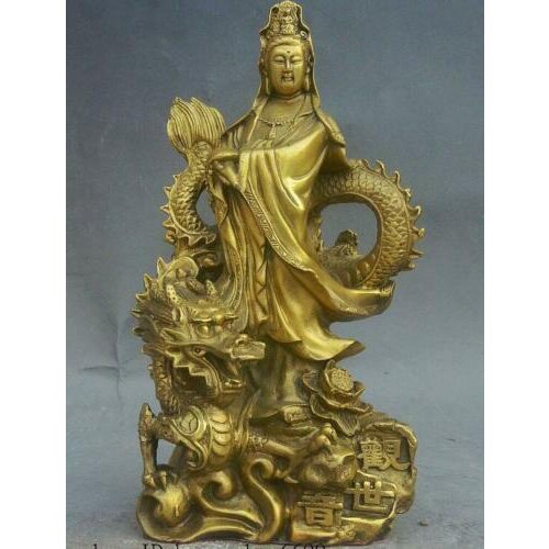 9" Rare Chinese Buddhism Pure Brass Copper GuanYin Kwan-Yin Stand Dragon Statue