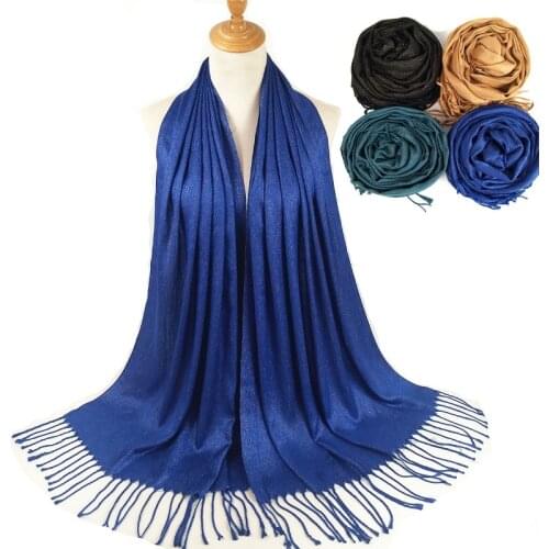 Shiny Lurex Cotton Scarf Wrap Women Muslim Hijab Tassel Malaysia Headscarf Long Shawl Islamic Modesy Turban Foulard 170x65CM