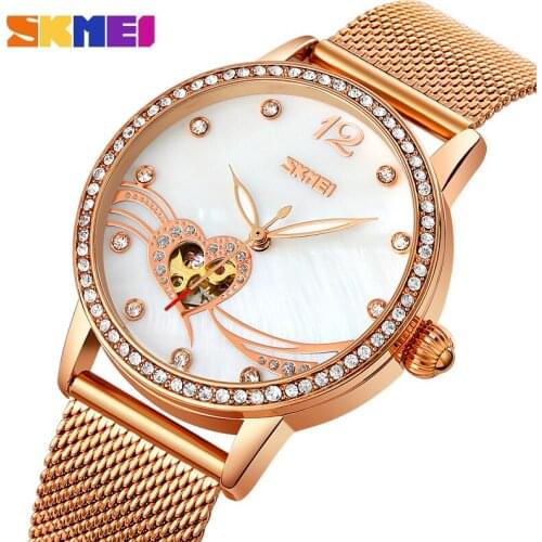 Skmei mechanical wristwatch feminine fashion brand elegant luxury gold diamond 30m water resistant watches zegarek damski 2021