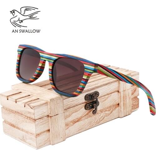 AN SWALLOW Skateboard Wooden Sunglasses Blue Frame With Coating Mirrored Bamboo Sunglasses UV 400 Protection Lenses in Wooden